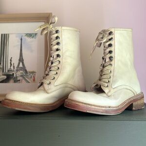 FREE PEOPLE SANTA FE LACE UP BOOTS IN TAN, DISTRESSED LEATHER SZ 38/7.5